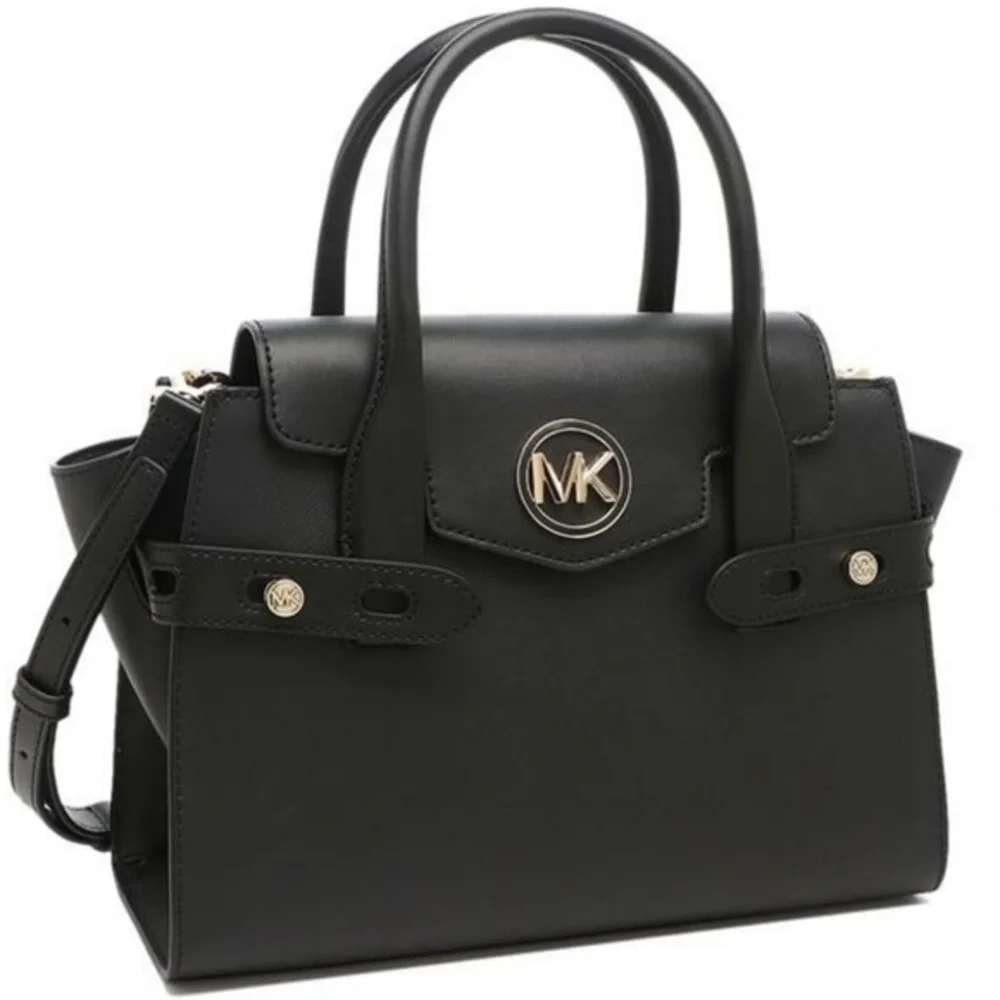 MICHAEL KORS Carmen Medium Faux Leather Belted Satchel Black Color